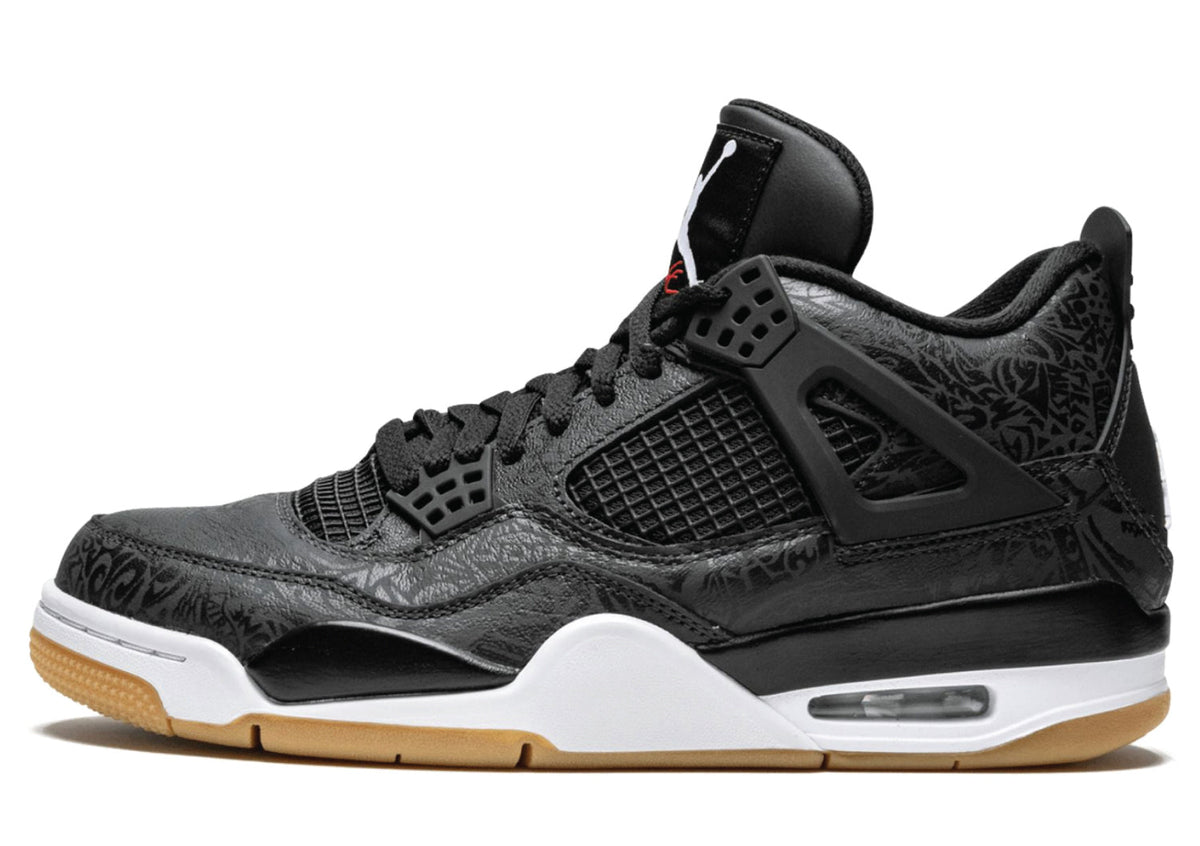 Air Jordan 4 Black Laser black leather sneakers with laser-etched detailing and gum rubber outsole