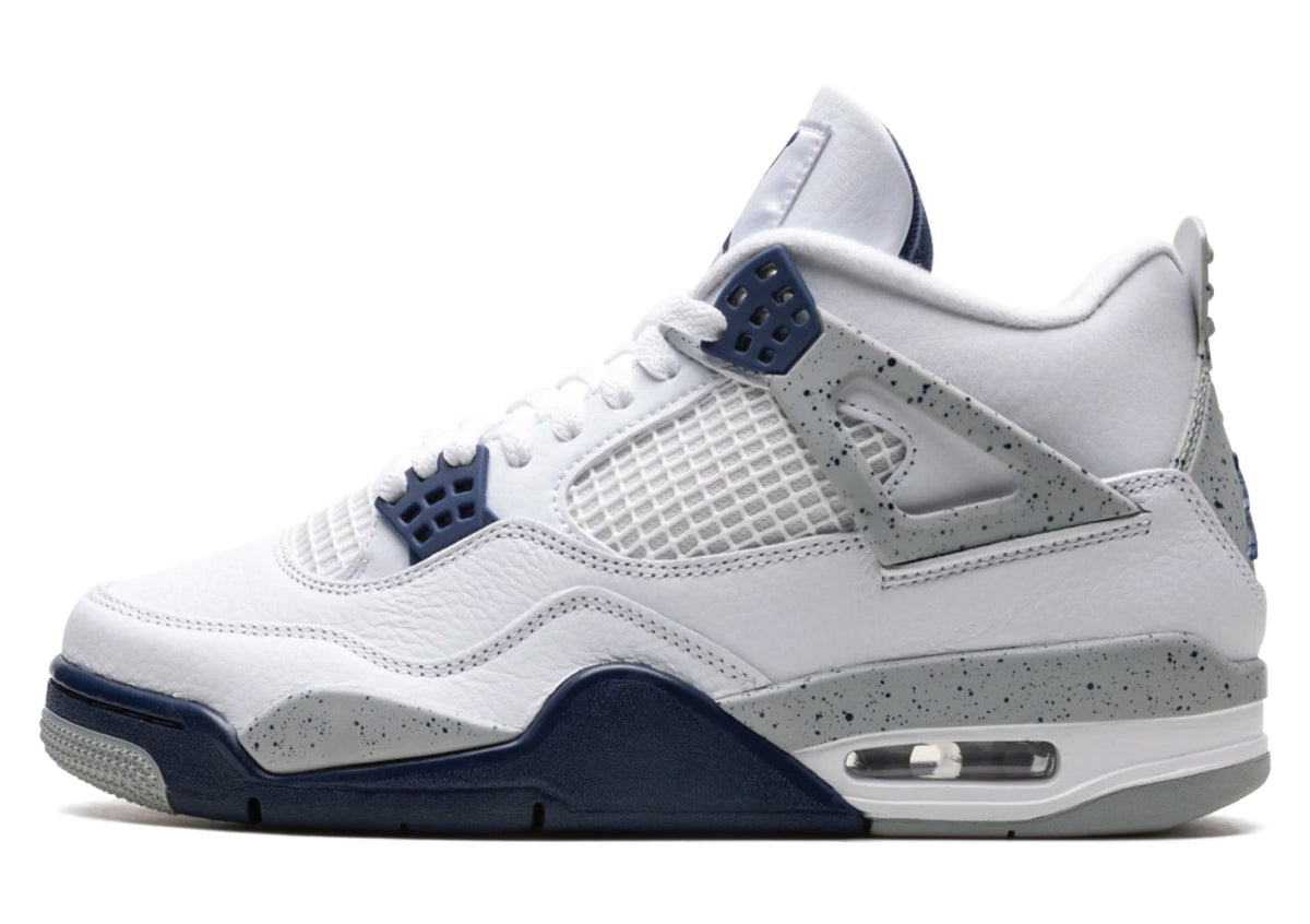 Air Jordan 4 Retro White Midnight Navy sneakers with white upper, navy accents and classic AJ4 detailing