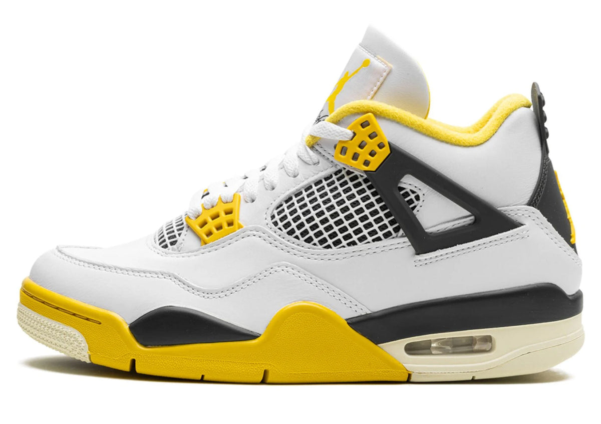 Air Jordan 4 Vivid Sulfur Women's sneakers with white upper, yellow accents and Anthracite detailing