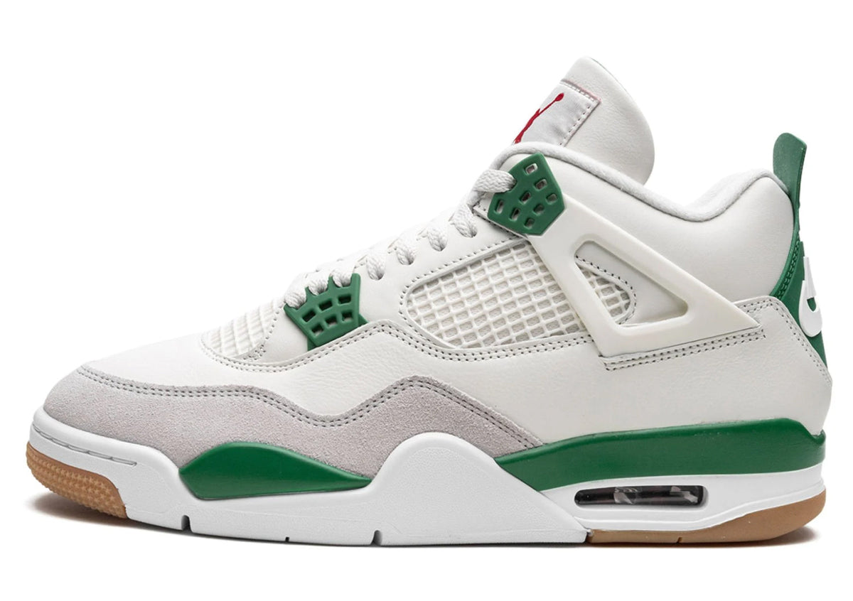 Nike SB x Air Jordan 4 Pine Green sneakers with white upper, green accents and gum rubber outsole